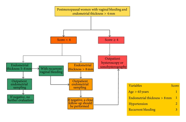 Flow-chart showing a decision algorithm for the management of symptomatic postmenopausal women with endometrial thickness > 4 mm[1]
