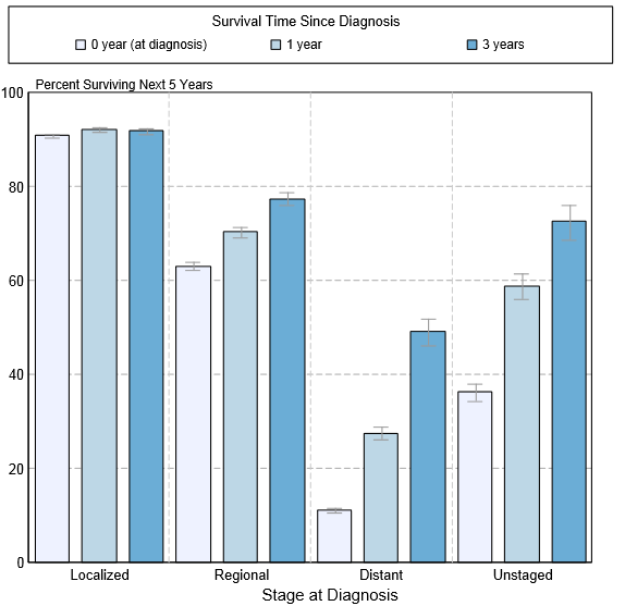 5-year conditional relative survival (probability of surviving in the next 5-years given the cohort has already survived 0, 1, 3 years) between 1998 and 2010 of kidney cancer by stage at diagnosis according to SEER