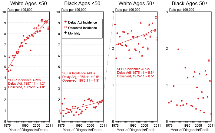 Incidence of testicular cancer by age and race