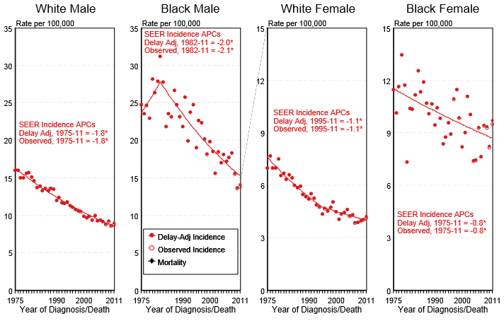delay-adjusted incidence and observed incidence of stomach cancer by gender and race in the United States between 1975 and 2011
