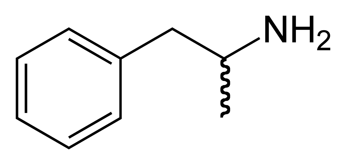 The skeletal formula of amphetamine, showing its racemic nature