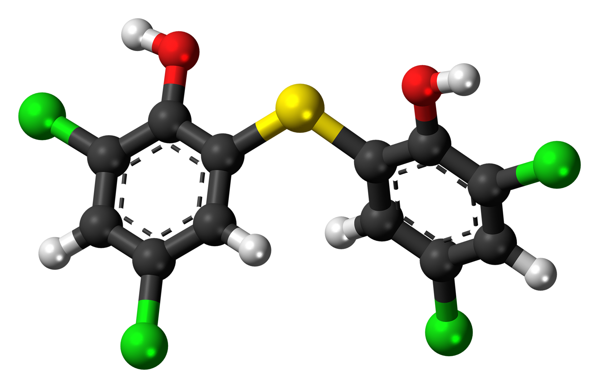 Ball-and-stick model of the bithionol molecule