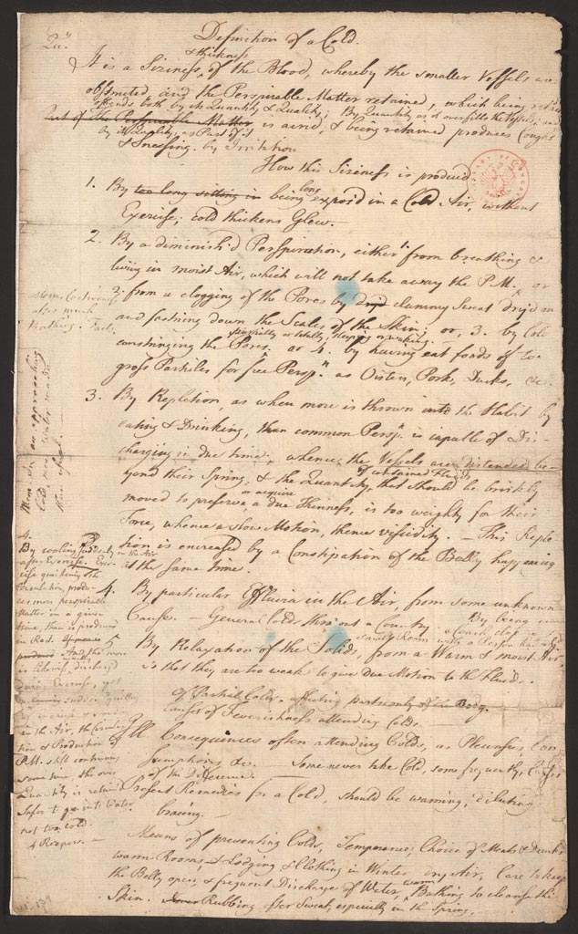 Definition of a Cold." Benjamin Franklin's notes for a paper he intended to write on the common cold.
