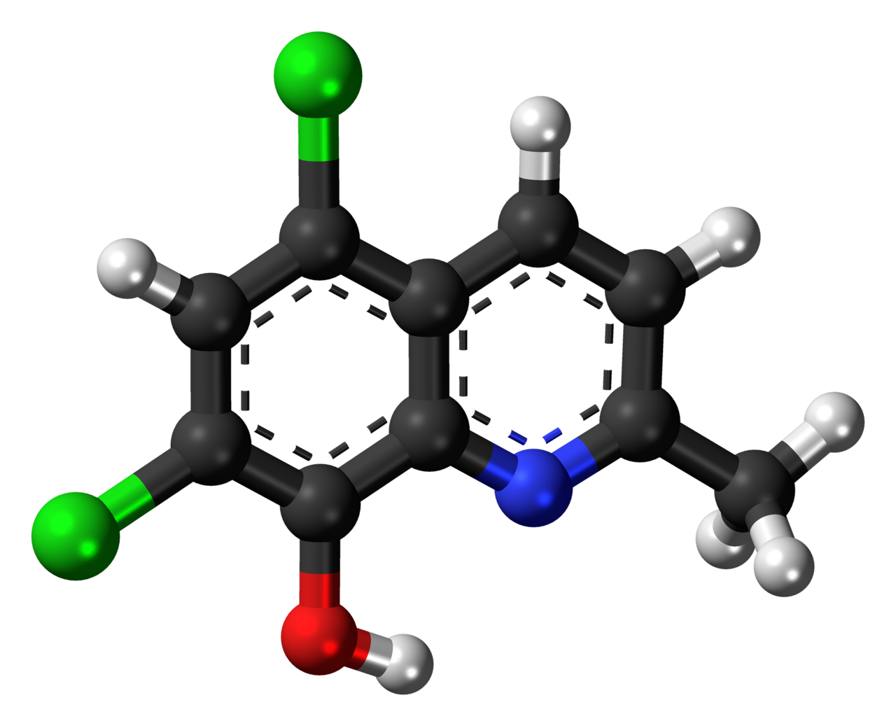 Ball-and-stick model of the chlorquinaldol molecule