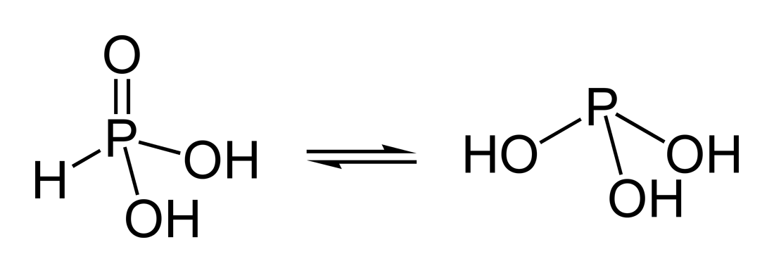 Tautomers of H3PO3: phosphonic acid (left) phosphorous acid (right)]]