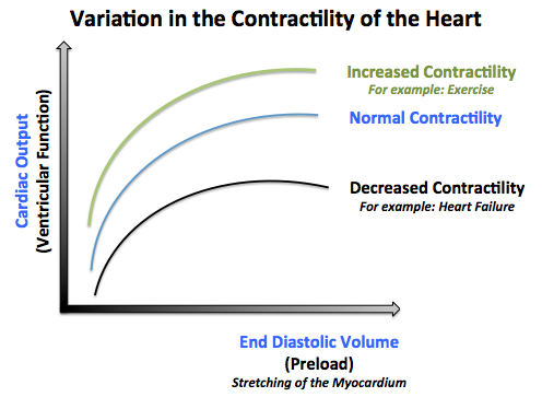 Variation in the contractility of the heart: note that each curve represents a state of contractility of the heart but any point on each curve represents the same state of contractility.