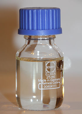 Colorless liquid in a stoppered glass bottle