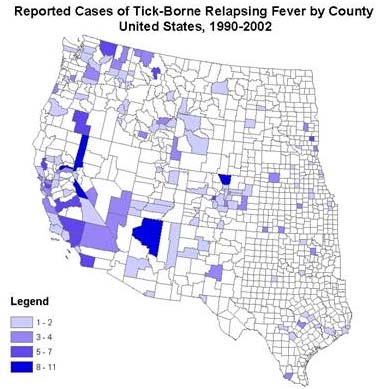 Map of reported cases of Tick-Borne relapsing fever by county, United States, 1990-2002