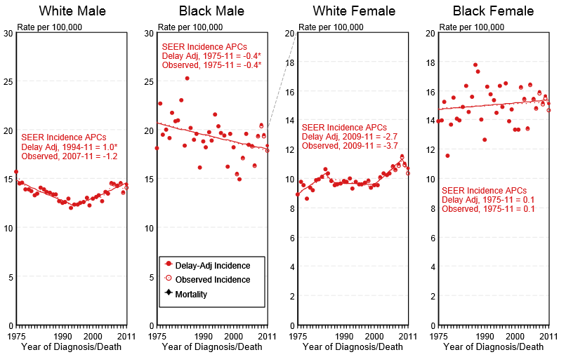 Delay-adjusted incidence and observed incidence of invasive pancreatic cancer by gender and race in the United States.PNG
