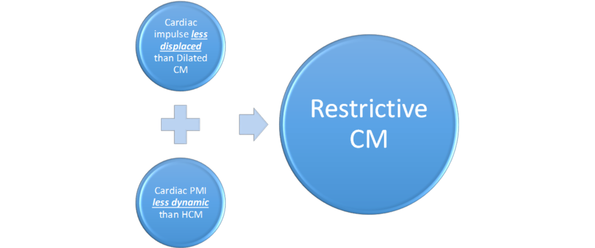 Figure 2. Characteristics of restrictive CM are described above. PMI = point of maximum impulse on cardiac physical exam.