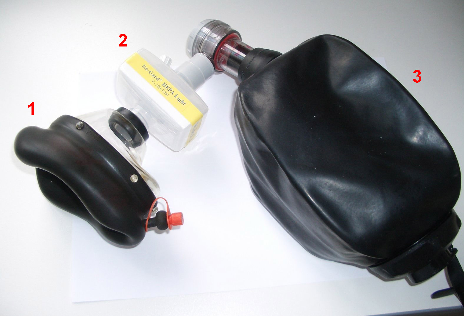 One type of bag valve mask. The part labelled 1 is a flexible mask designed to seal to the patient's face, and the part labelled 3 is a self-filling bag.