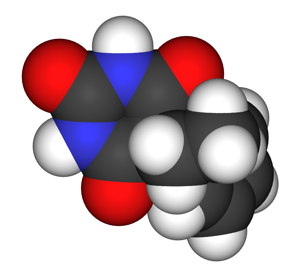 Space-filling model of phenobarbital, the most widely-used anticonvulsant in the world